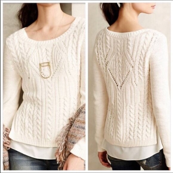 Anthropologie Moth Ella Ivory Layered Crew Neck Cable Knit Pullover Sweater XS - Picture 1 of 6